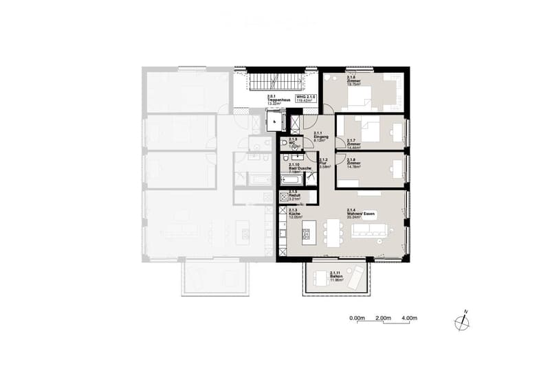 Floor plan of a two-story house with labeled rooms including living/dining area, kitchen, bedrooms, bathrooms, hallway, staircase, and balcony.