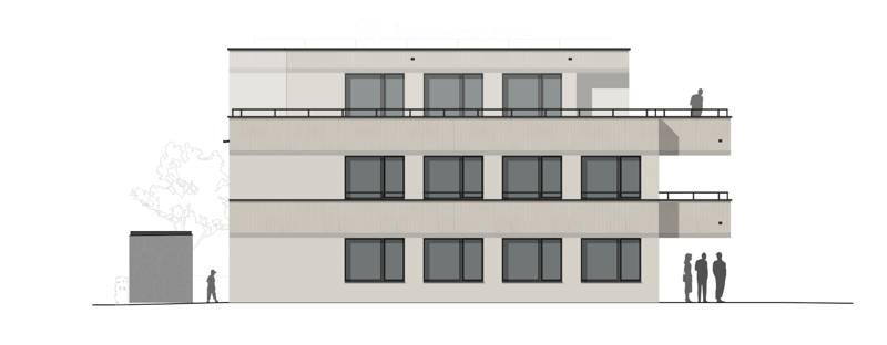 A modern multi-story building with large windows and balconies, featuring a sleek, contemporary design. The building has a clean, minimalist facade with a combination of glass and concrete elements.