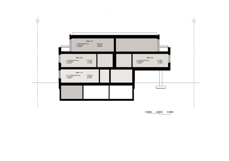 Floor plan of a multi-unit building with three apartments (4.5 Zimmerwohnung, 4.5/5 Zimmerwohnung, 4.5 Zimmerwohnung) and corresponding terraces and disposal areas.
