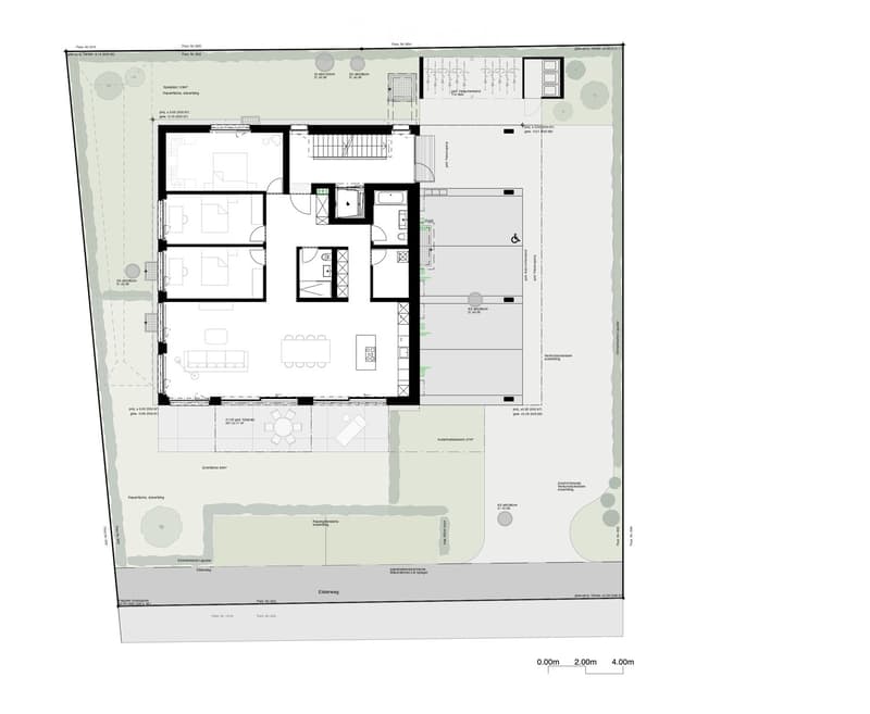 Floor plan of a residential building showing multiple rooms including living areas, bedrooms, bathrooms, and outdoor spaces.