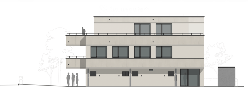 Floor plan of a modern multi-story building with balconies, large windows, and a central entrance.