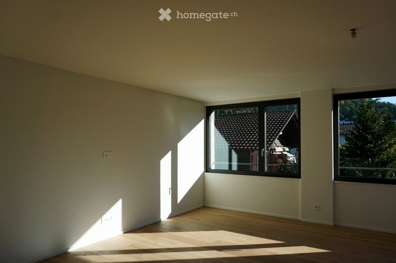 Empty room with light-colored walls and wooden flooring, featuring large windows with black frames that let in natural light.