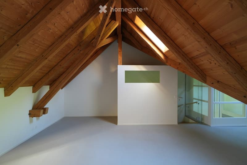 An empty attic space with exposed wooden beams, white walls, and a skylight window allowing natural light to enter. The floor is smooth and grey, and there is a glass door leading to another area.
