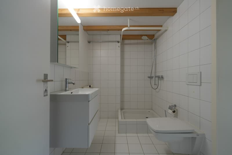 Modern bathroom with white tiles, a sink with a faucet, a mirror, a toilet, a bathtub, and a showerhead.