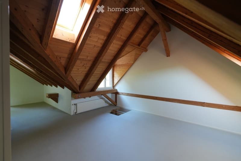 Empty attic space with wooden beams, skylights, and a radiator. No furniture or equipment present.