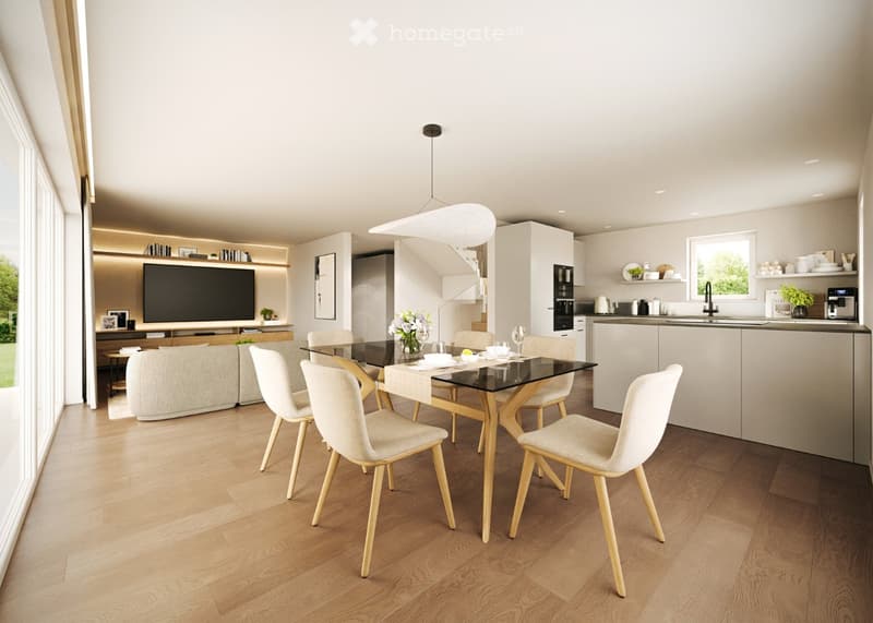 Modern open-plan living and dining area with light wood flooring, a glass dining table with six chairs, a grey sectional sofa, a flat-screen TV on a wooden stand, and a sleek white kitchen with cabinets, a sink, and various appliances.