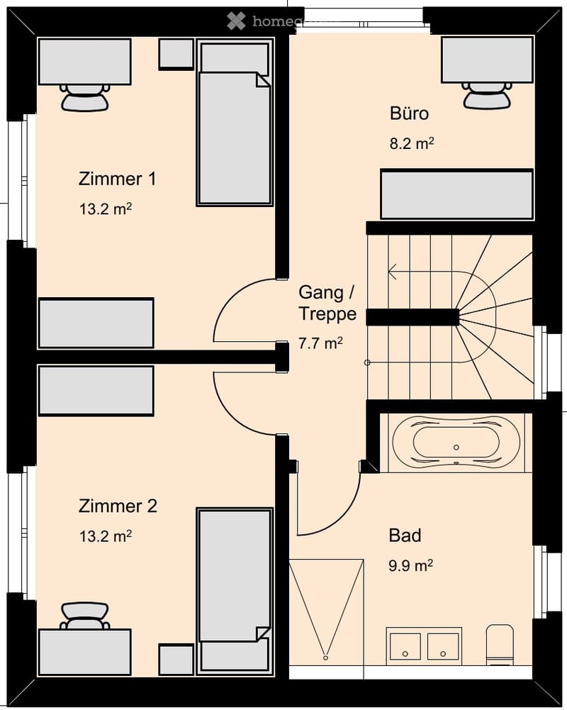Floor plan of a 4-room apartment: two bedrooms (13.2 m² each), a bathroom (9.9 m²), an office (8.2 m²), and a hallway/stairs (7.7 m²).