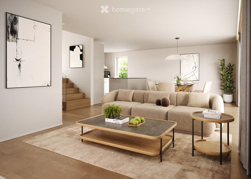 Modern living room with a beige sectional sofa, glass coffee table, side table, and dining area visible in the background.