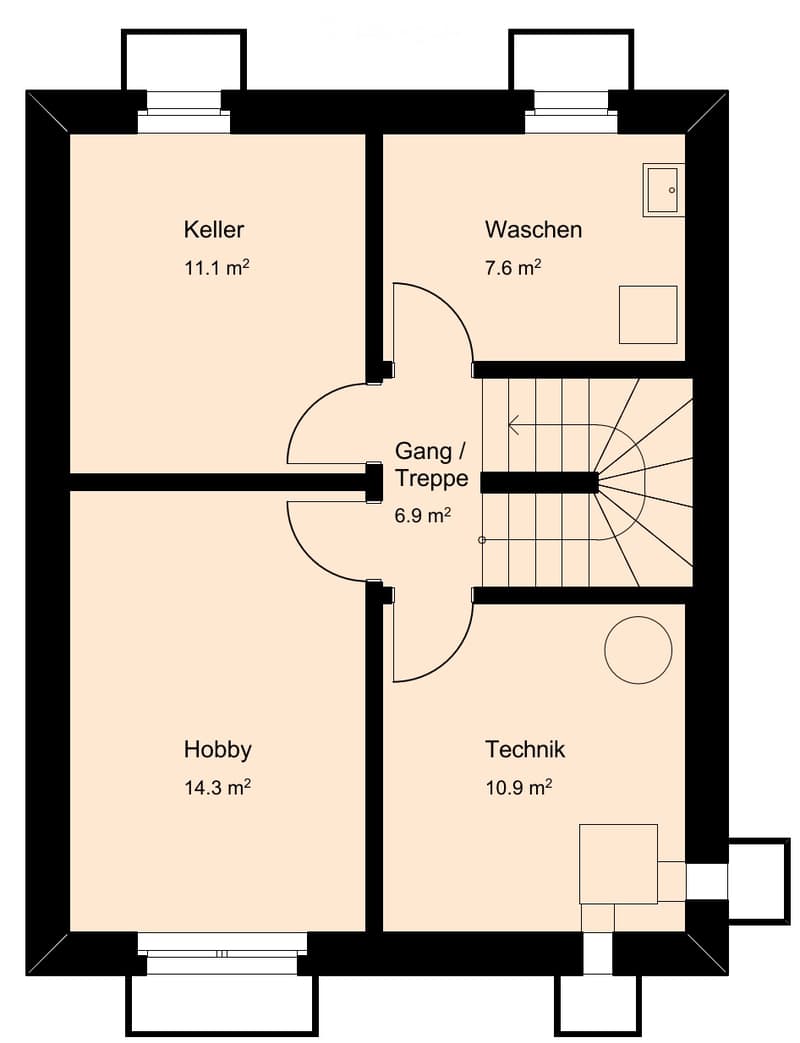Floor plan showing a basement level with four rooms: Keller (11.1 m²), Waschen (7.6 m²), Hobby (14.3 m²), and Technik (10.9 m²), connected by a Gang / Treppe (6.9 m²).