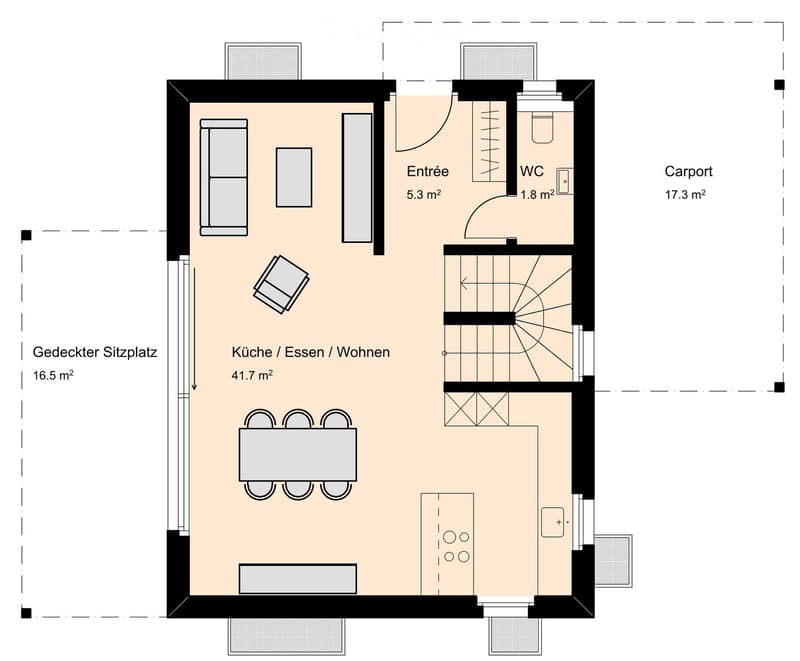 Layout includes a combined kitchen/dining/living area, entrance, WC, covered patio, and carport.