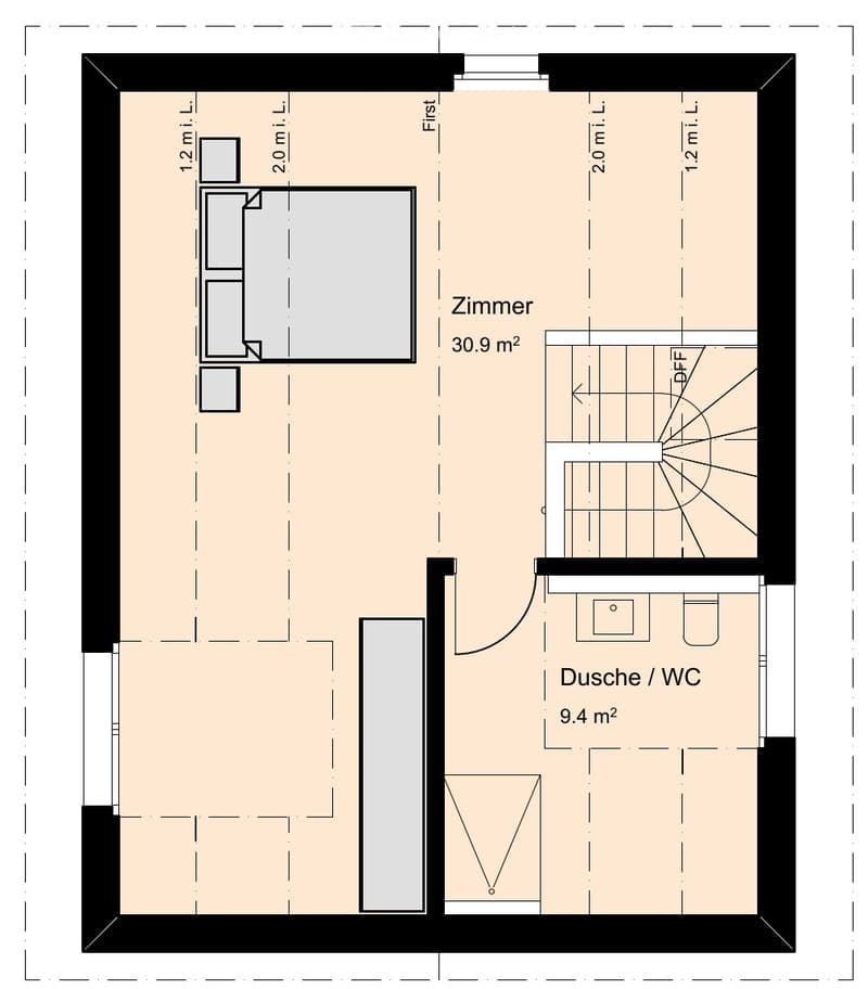 First floor layout includes a large room (30.9 m²), a smaller room (9.4 m²) labeled "Dusche / WC" (shower/toilet), and a hallway leading to the first floor.