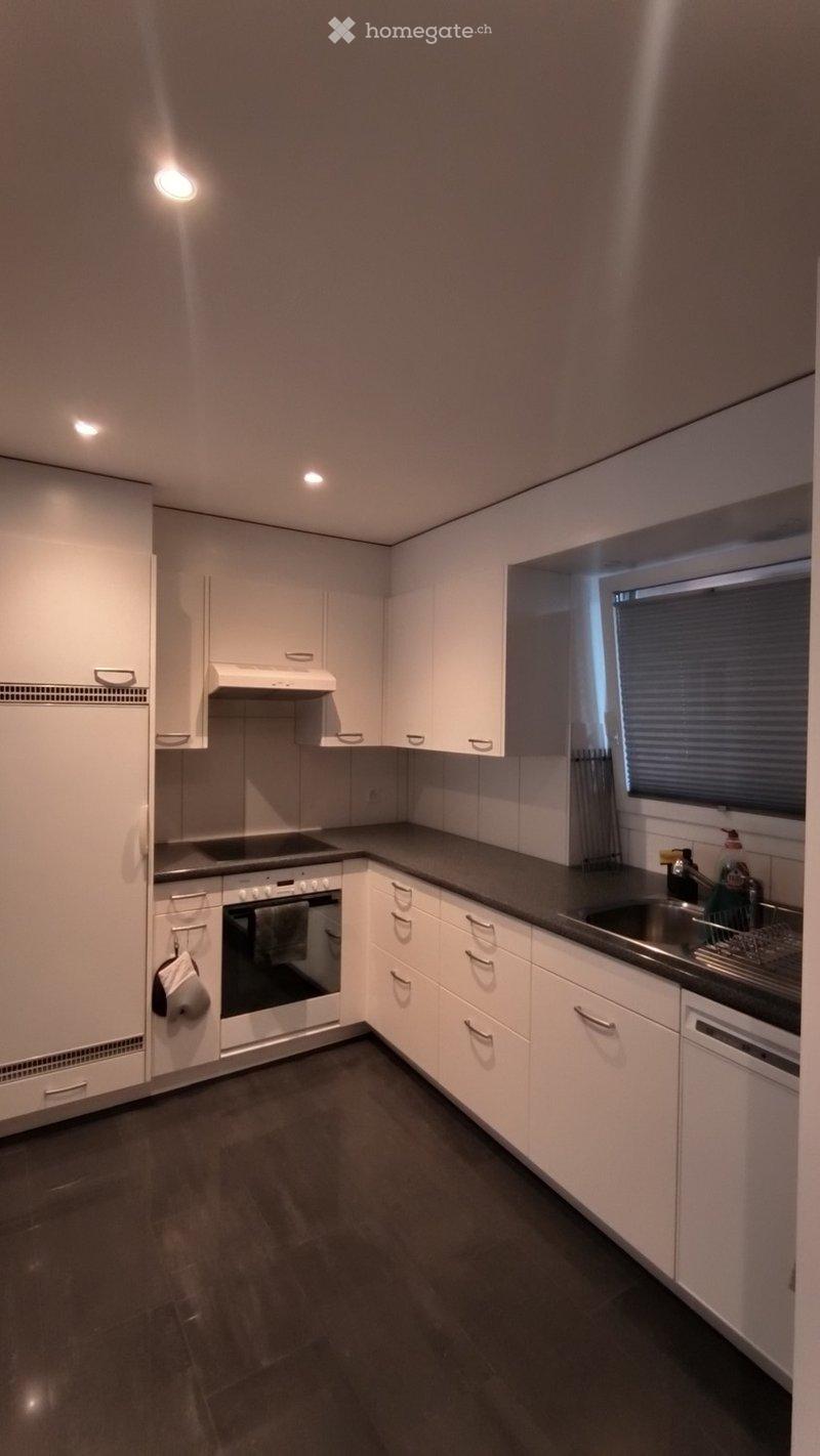 Modern kitchen with white cabinets, stainless steel appliances, and dark countertops.