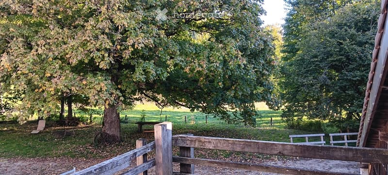 A serene garden area with a wooden fence, benches, a large tree, and a peaceful grassy field.