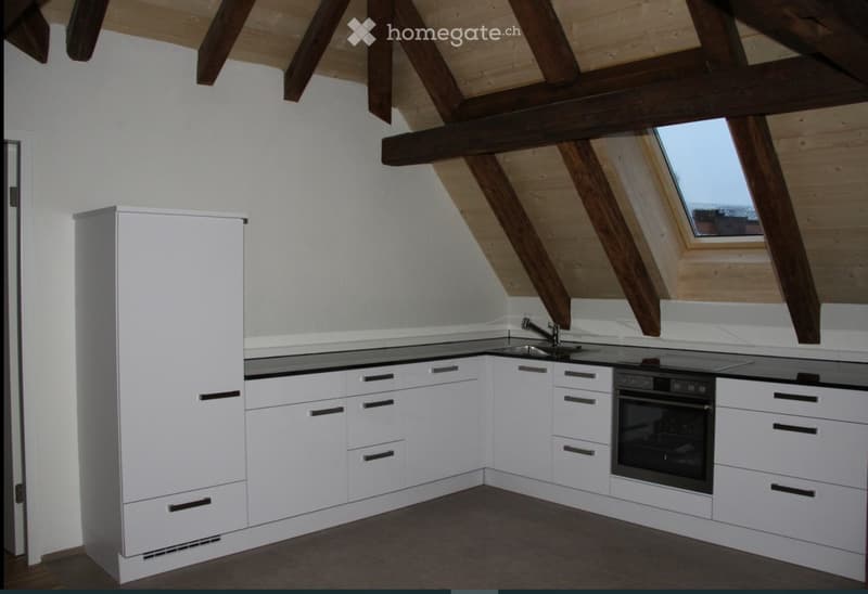 Modern kitchen with white cabinets, stainless steel sink, and built-in oven, featuring exposed wooden beams and skylight windows.