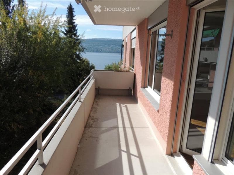 Balcony with a view of a lake and surrounding trees, featuring a white railing and a small planter on the corner.
