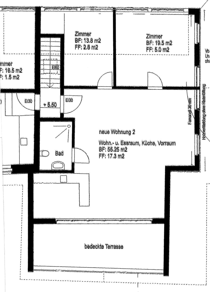 Floor plan showing multiple rooms including a living and dining area, kitchen, hallway, two bedrooms, and a covered terrace.