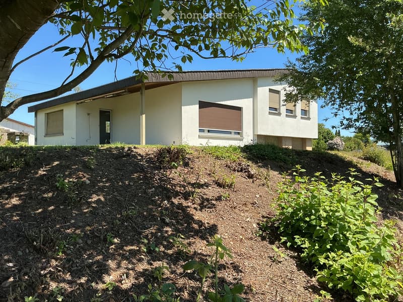 Single-story house with white walls, dark roof, and multiple windows, situated on a raised ground floor with surrounding greenery.