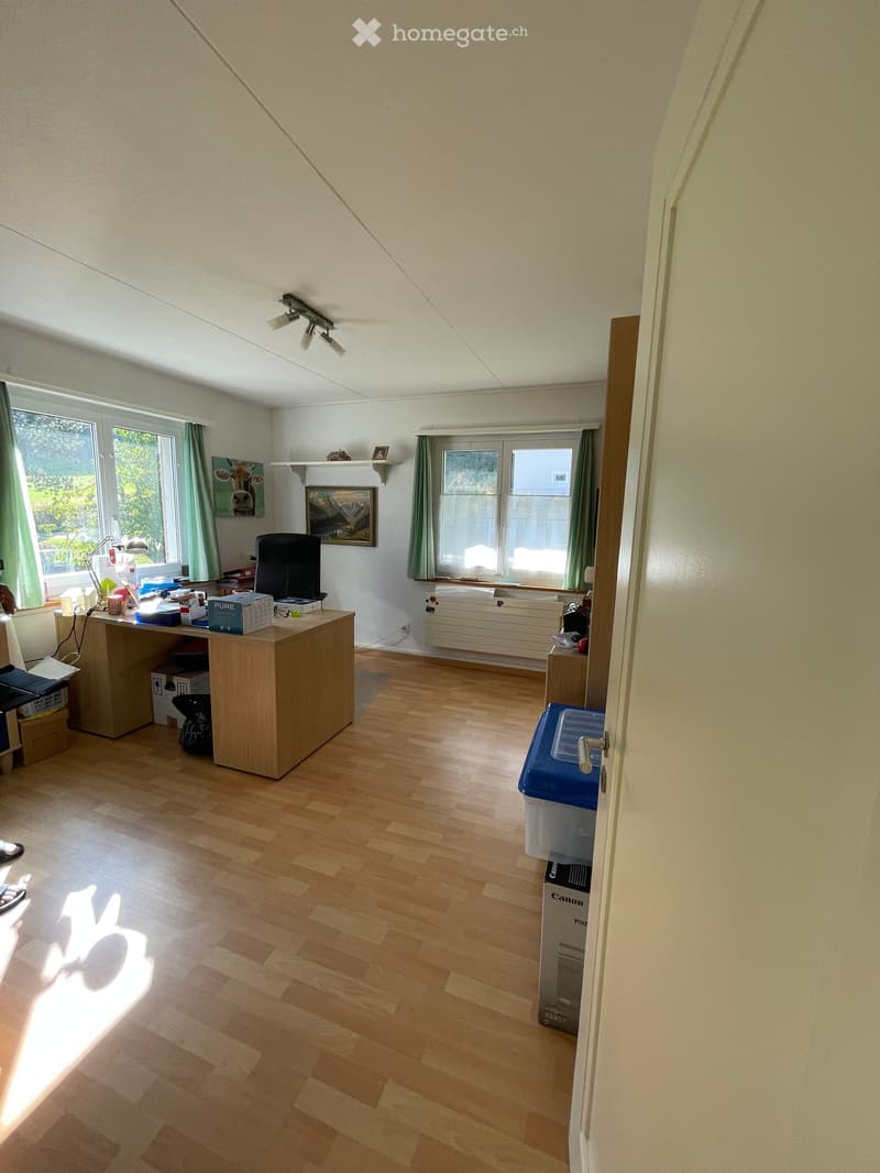 Bright room with wooden flooring, large windows with green curtains, a desk with a chair, a lamp, and a radiator under the windows.
