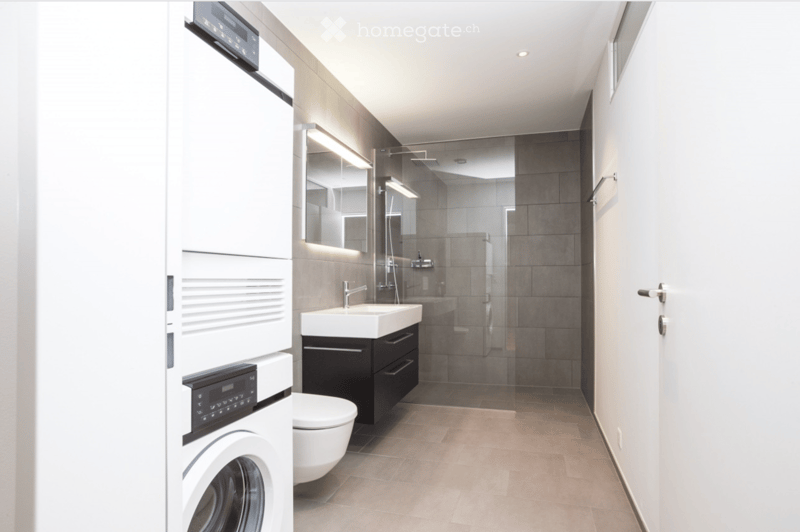 Modern bathroom with a white sink, mirror, toilet, and a glass-enclosed shower. A washing machine is visible on the left side.