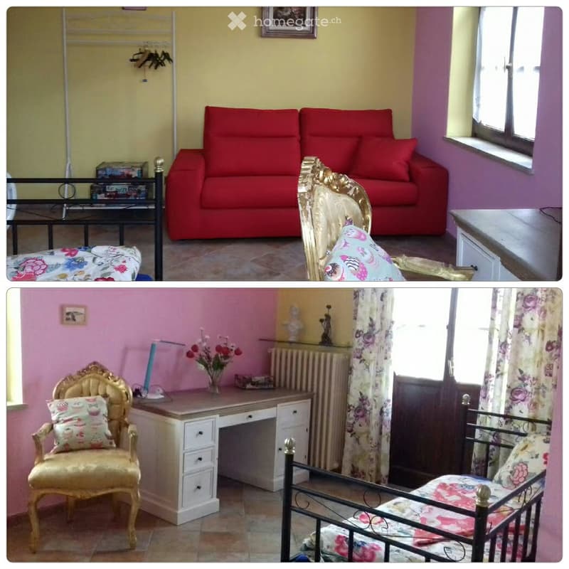 The image shows two furnished rooms. The top room features a red sofa, a glass coffee table, a colorful armchair, and a small shelf with books. The bottom room includes a desk with a lamp, a radiator, a flower vase, a decorative chair, and a bed with a fl