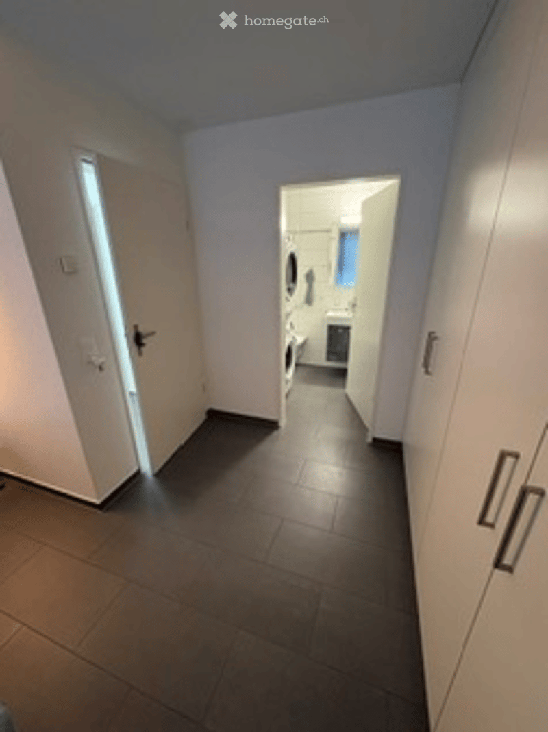 A clean, modern hallway with white walls, dark tiled flooring, and white cabinetry on one side. The hallway leads to a room with a visible washing machine and a door to another space.