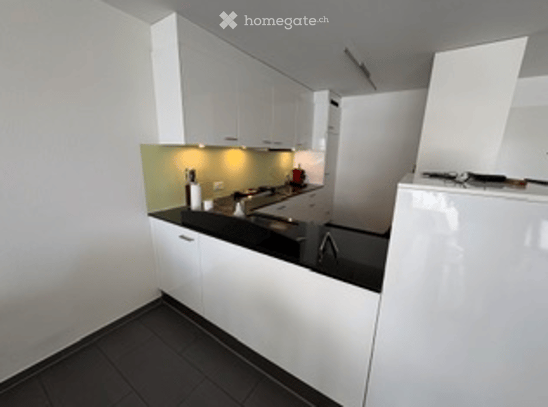 Modern, minimalist kitchen with white cabinets, black countertop, and a stainless steel sink.