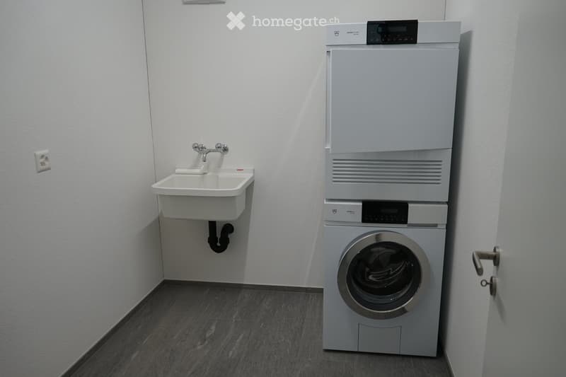 Furnished Room. A small room with a washing machine, dryer, sink, and power outlet.