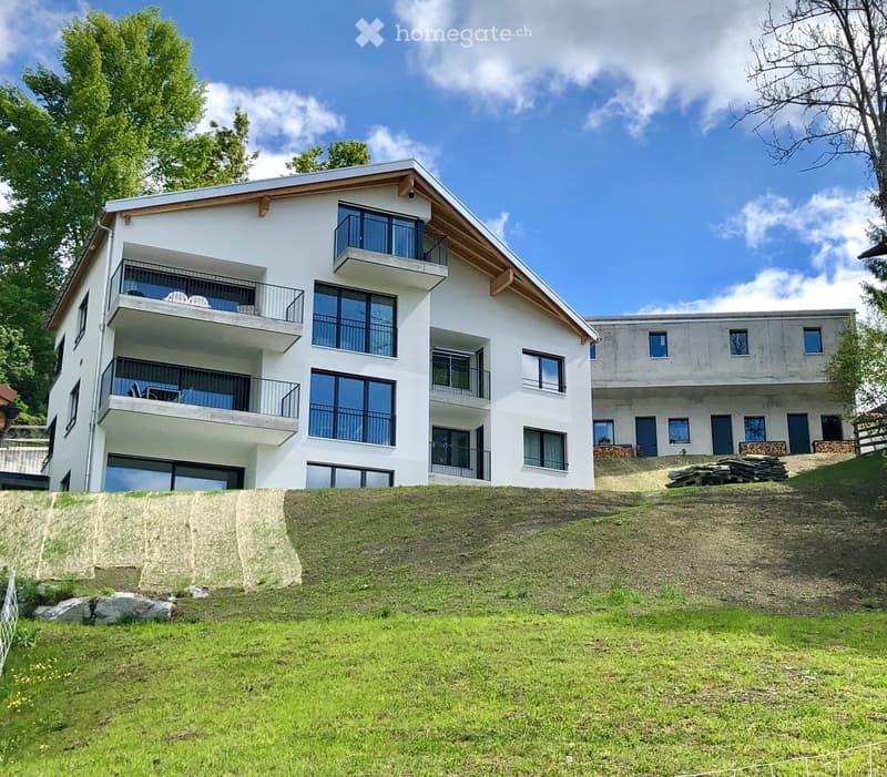 House. Modern white apartment building with balconies, situated on a slope with a grassy area in front.