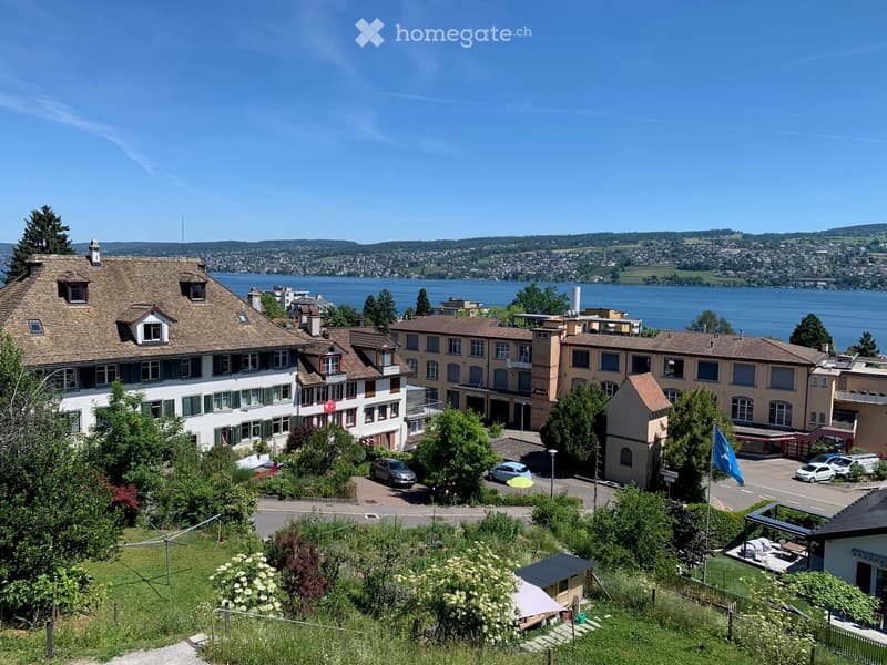 A multi-story residential building with a tiled roof, surrounded by greenery and parked cars, overlooking a lake and distant cityscape.