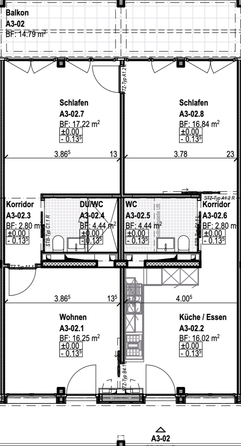 Floor plan showing a living area, kitchen, two bedrooms, two bathrooms, and a balcony.
