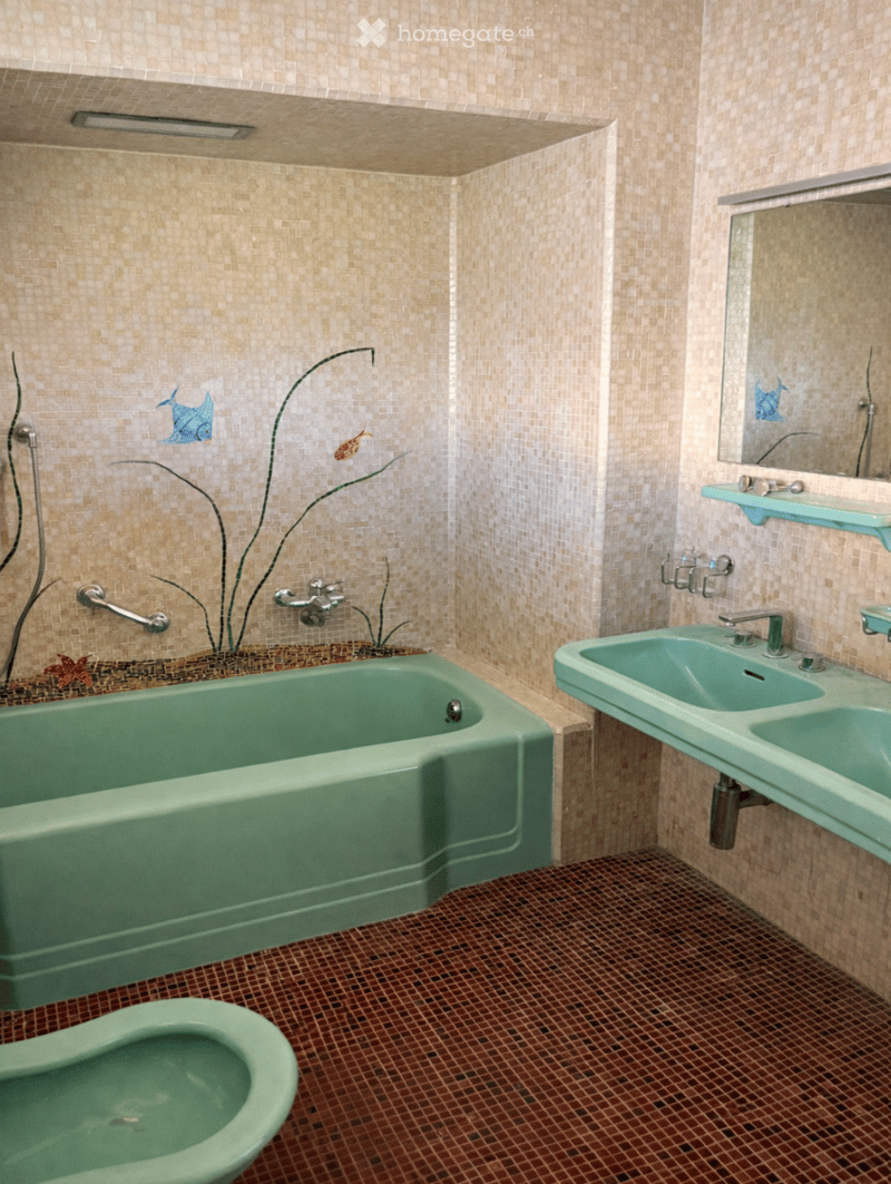 Bathroom with a green bathtub, double sink, toilet, and decorative mosaic tiles featuring fish and plants. Includes a handrail and a mirror above the sink.