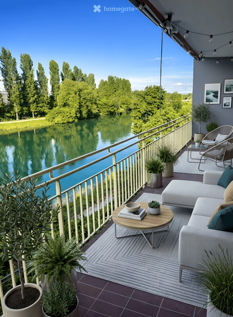 Balcony with a view of a river, featuring a sofa, coffee table, chairs, and potted plants.