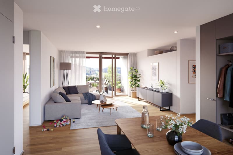 Modern living and dining area with large windows offering a scenic view, featuring a grey sectional sofa, wooden coffee table, dining table with chairs, and built-in storage units.