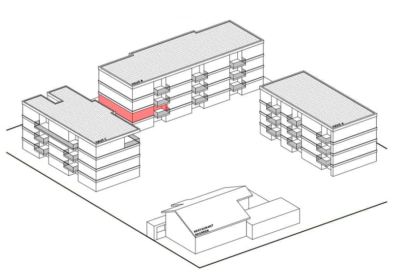 Architectural floor plan showing multiple buildings labeled 'HAUS A', 'HAUS B', and 'HAUS C', with a highlighted red section indicating a specific area, and a separate structure labeled 'RESTAURANT SPORTER'.