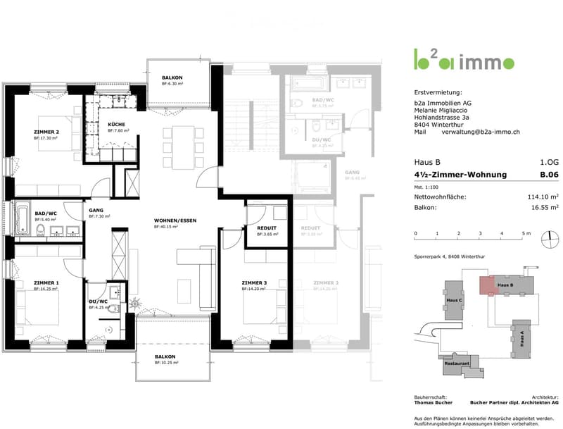 Floor plan of a 4.5-room apartment on the first floor, including living/dining area, three bedrooms, two bathrooms, and two balconies.