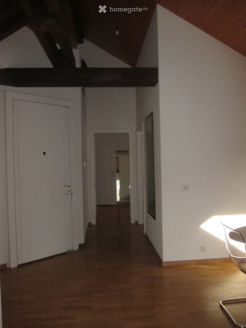 A narrow hallway with wooden flooring, white walls, and a slanted wooden ceiling. The hallway features a closed door on the left and an open doorway at the end leading to another room.