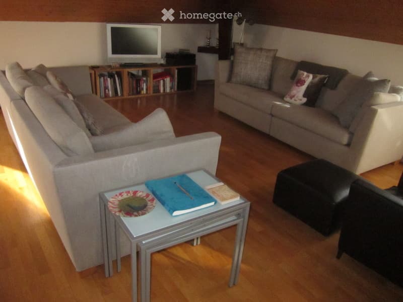 A modern living room with hardwood flooring, two sofas, a coffee table, an ottoman, a bookshelf, and a television. The room is well-lit with natural light coming through the windows.