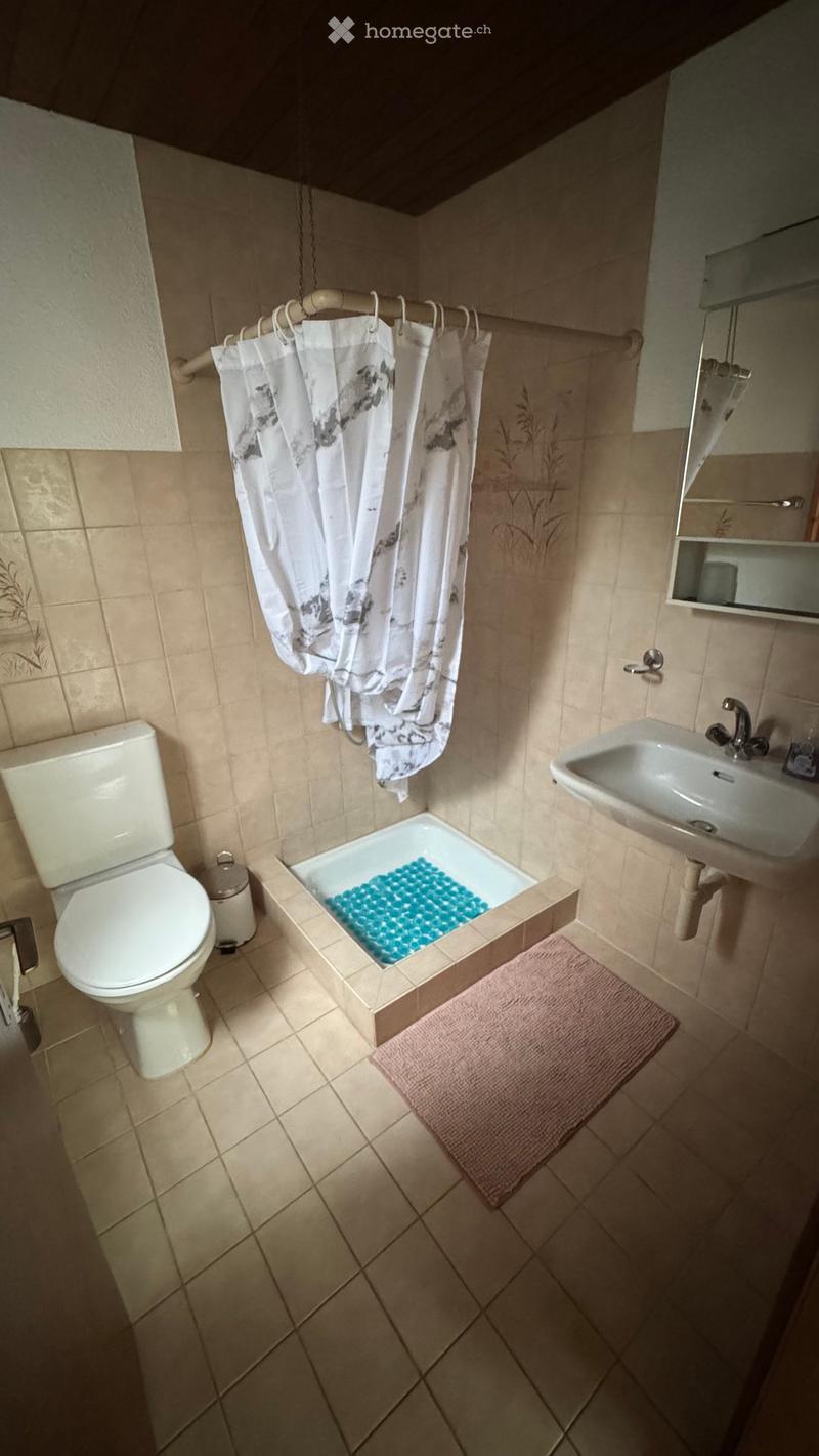 modern style bathroom, beige tiled floor, white sink, white toilet, shower curtain, compact bathtub, pink rug