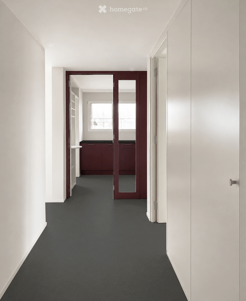 A modern, minimalist hallway with white walls, dark carpeted flooring, and a set of double doors leading to another room. The hallway features a small table and a window at the far end.