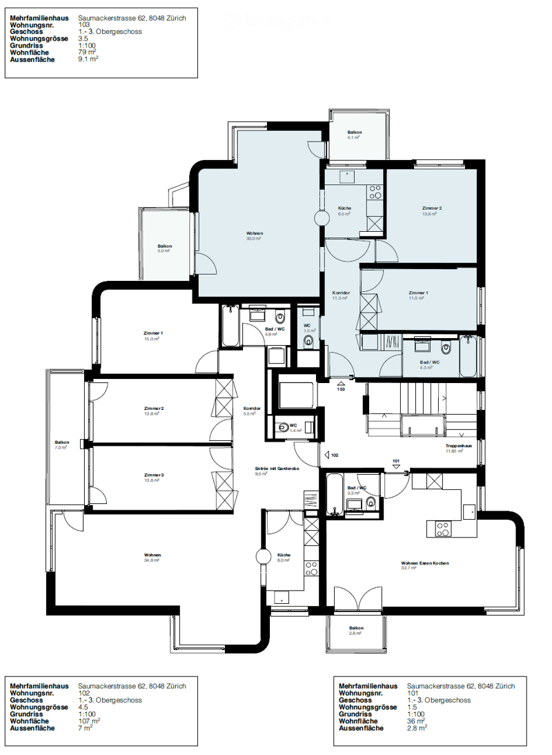 Floor plan of a multi-family house with multiple apartments, each featuring living rooms, bedrooms, bathrooms, kitchens, and balconies.