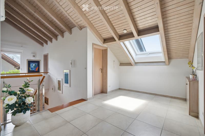 Bright hallway with wooden ceiling beams, skylight, tiled floor, and white walls. Features a small potted plant, framed artwork, and a wooden door.