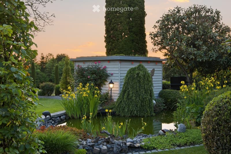 A well-maintained garden with a small pond, surrounded by various plants, trees, and shrubs. A small shed is visible in the background, and the scene is set during sunset.