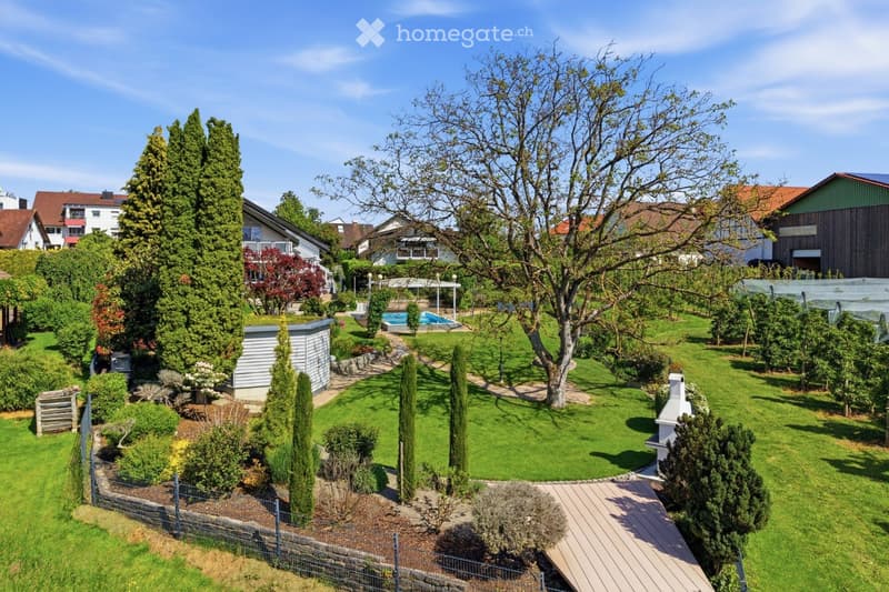 A well-maintained garden with a lawn, trees, shrubs, a wooden deck, a barbecue, and a swimming pool in the background.