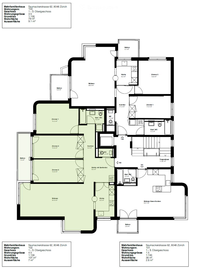 Floor plan of a multi-family house with multiple apartments, each featuring living rooms, bedrooms, bathrooms, kitchens, and balconies.