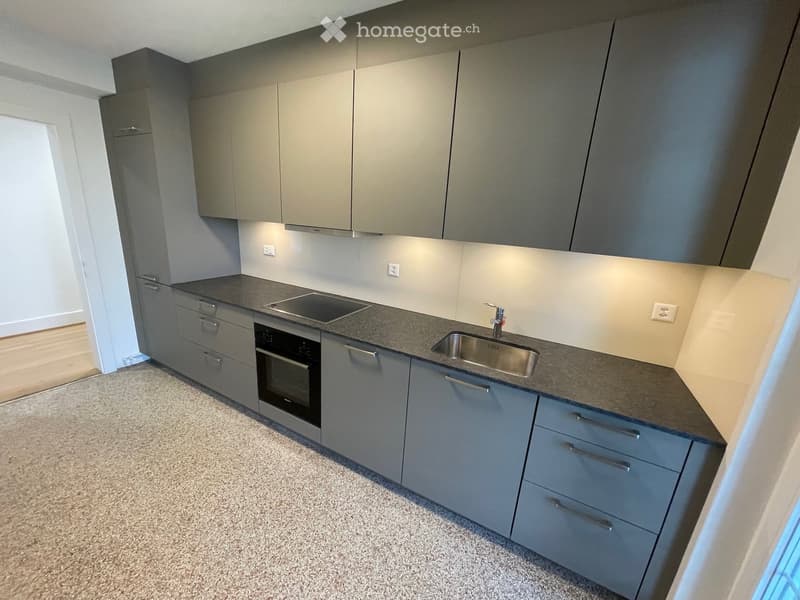 Modern kitchen with grey cabinets, stainless steel sink, oven, and stove, featuring a dark countertop and light-colored walls.