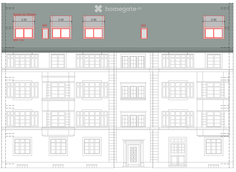 Floor plan of a multi-story building with detailed window and door placements, including labeled dimensions and room outlines.