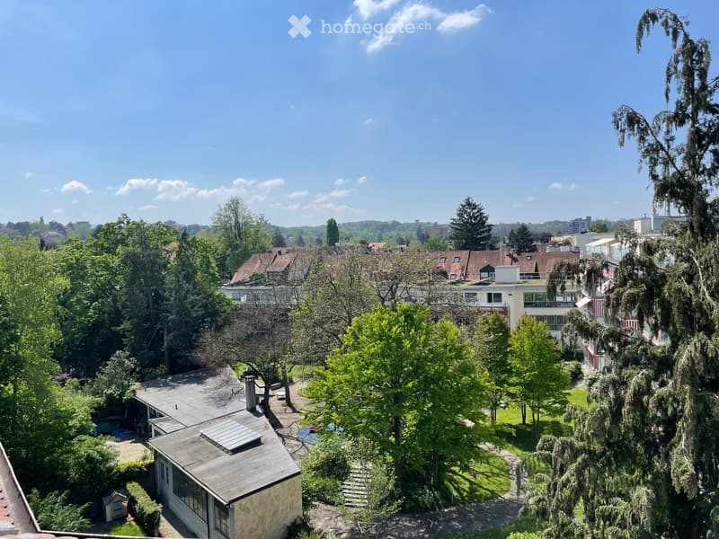 A panoramic view of a residential area with multiple buildings, trees, and a clear blue sky. The scene includes a mix of modern and traditional houses, surrounded by greenery and pathways.