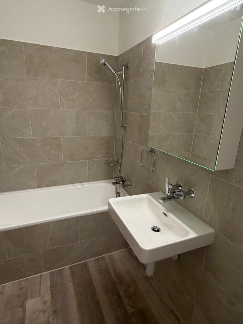 Modern bathroom with a bathtub, sink, mirror, and showerhead. The walls are tiled in a marble-like pattern, and the floor is wooden.