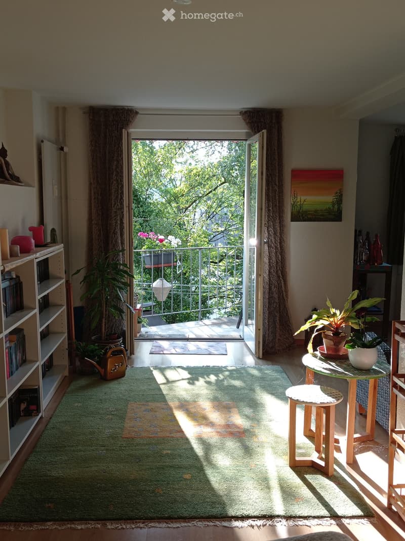 {"visible_features": ["Balcony / Terrace", "View"], "type": "Living room", "description": "Green rug, wooden coffee table, wooden stool, potted plants, books on shelves, open door to balcony with metal railing, outdoor potted plants, painting on wall"}