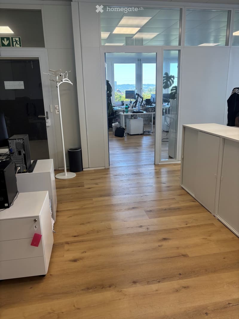 Office space with wooden flooring, white walls, and glass partitions. Visible objects include desks, chairs, computers, cabinets, and a coat rack.